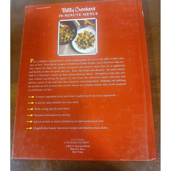 BETTY CROCKER'S "30 Minute Menus", With 73 delicious Meals 1992  Hardcover. - Picture 2 of 3